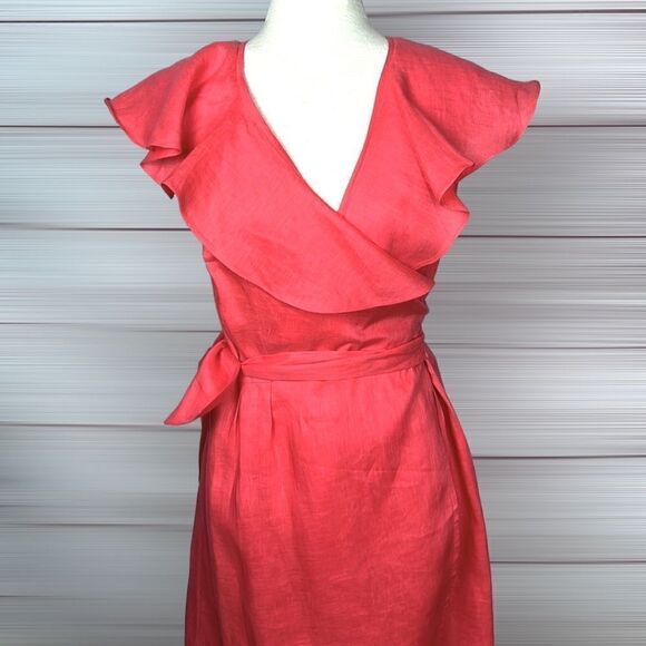 Neiman Marcus Coral Ruffle V-Neck Sleeveless 100% Linen Wrap Dress size S - Picture 5 of 13